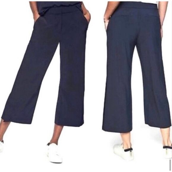 Athleta Pants - Athleta Tribeca crop navy wide leg pants with snap slits at bottom size 6